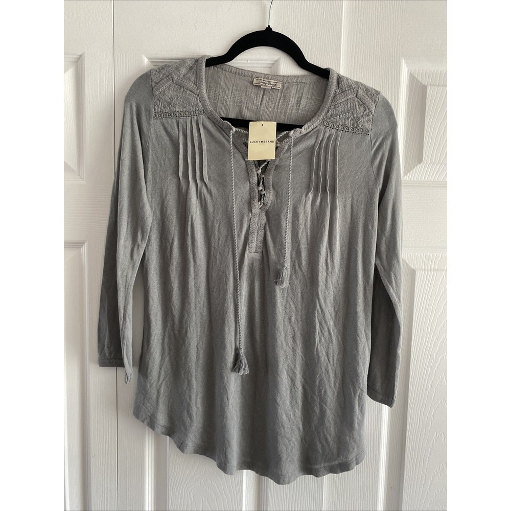 Lucky Brand Embroidered Lace Up Boho Blouse Womens Size S Gray Cotton New